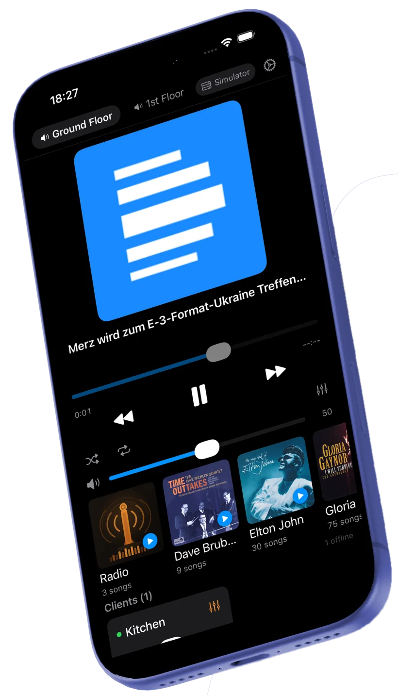 SnapDog iPhone client showing radio playback controls