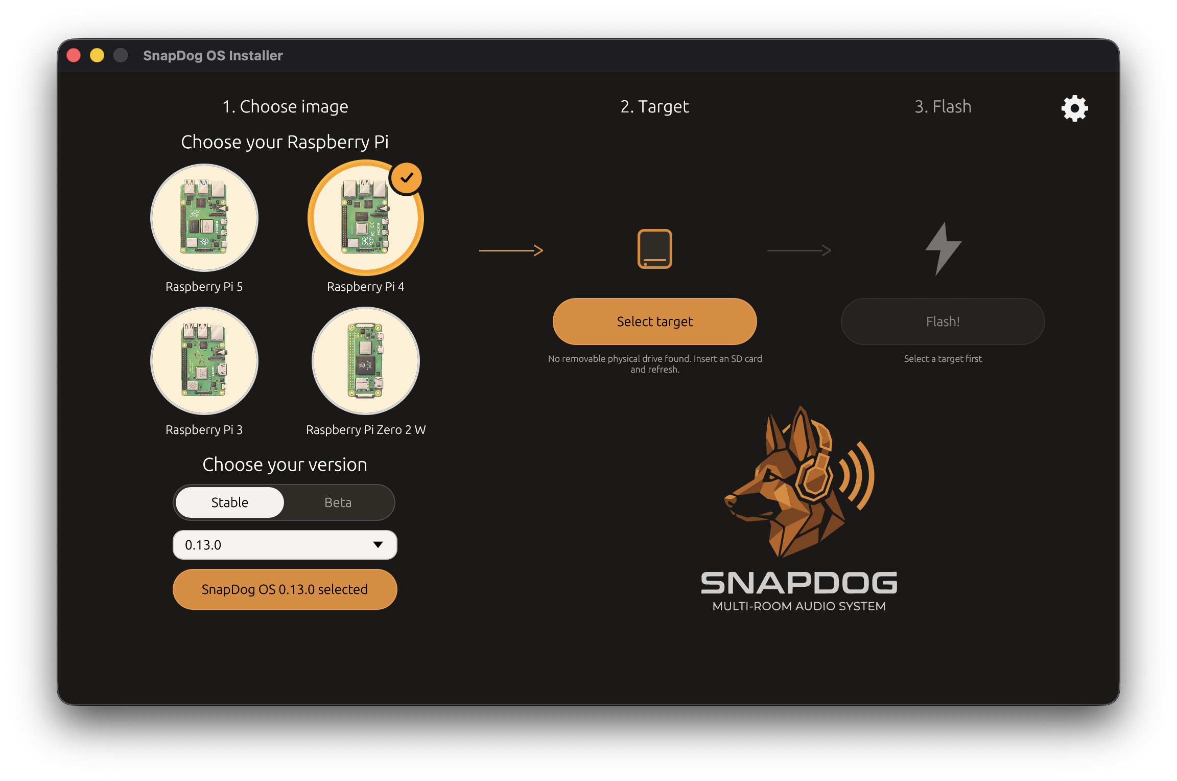 SnapDog OS Installer showing the Raspberry Pi model, version, target, and flash steps